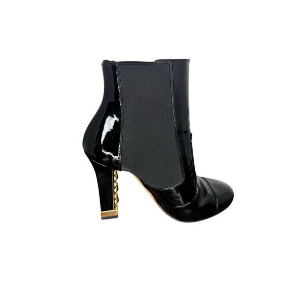 Chanel Black Patent Leather Chain Detail Block Heel Ankle Boots EU 38 CC Booties - Picture 4 of 11
